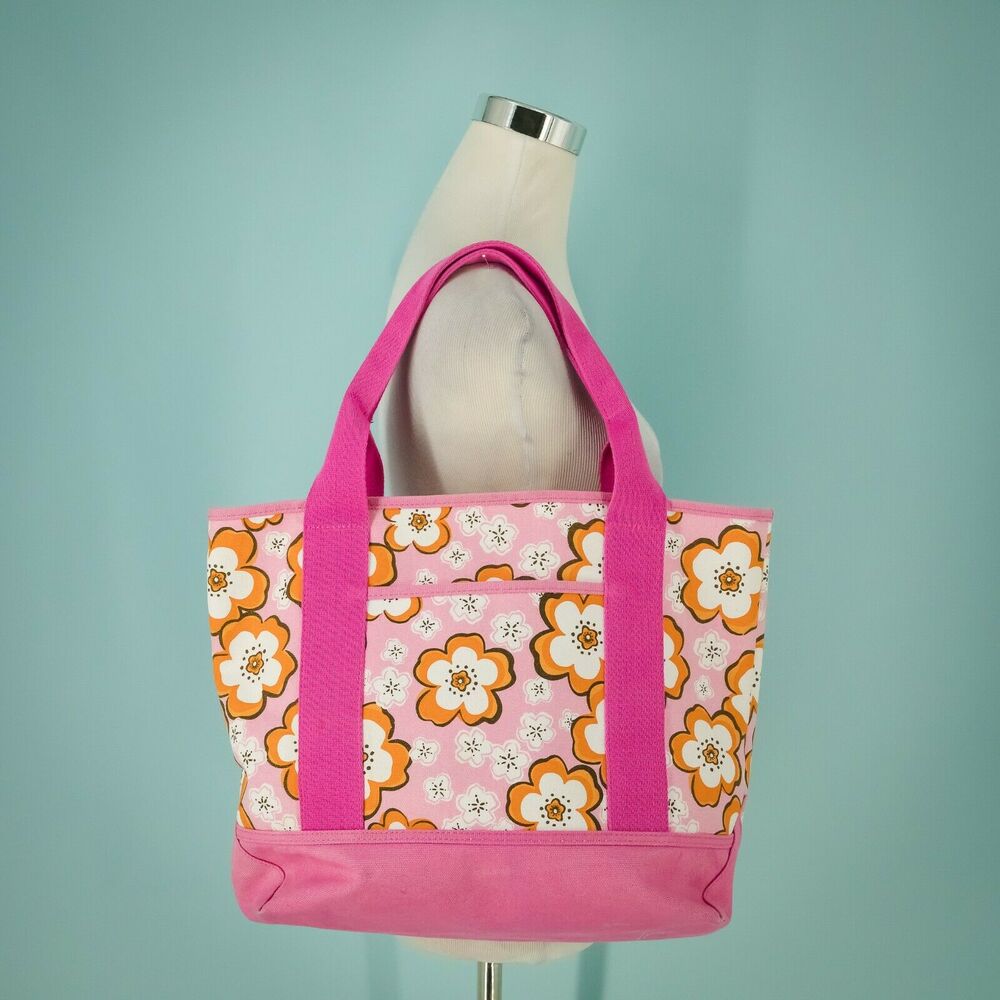 Pottery Barn Kids Floral Pink Orange Print Cotton Canvas Tote Bag